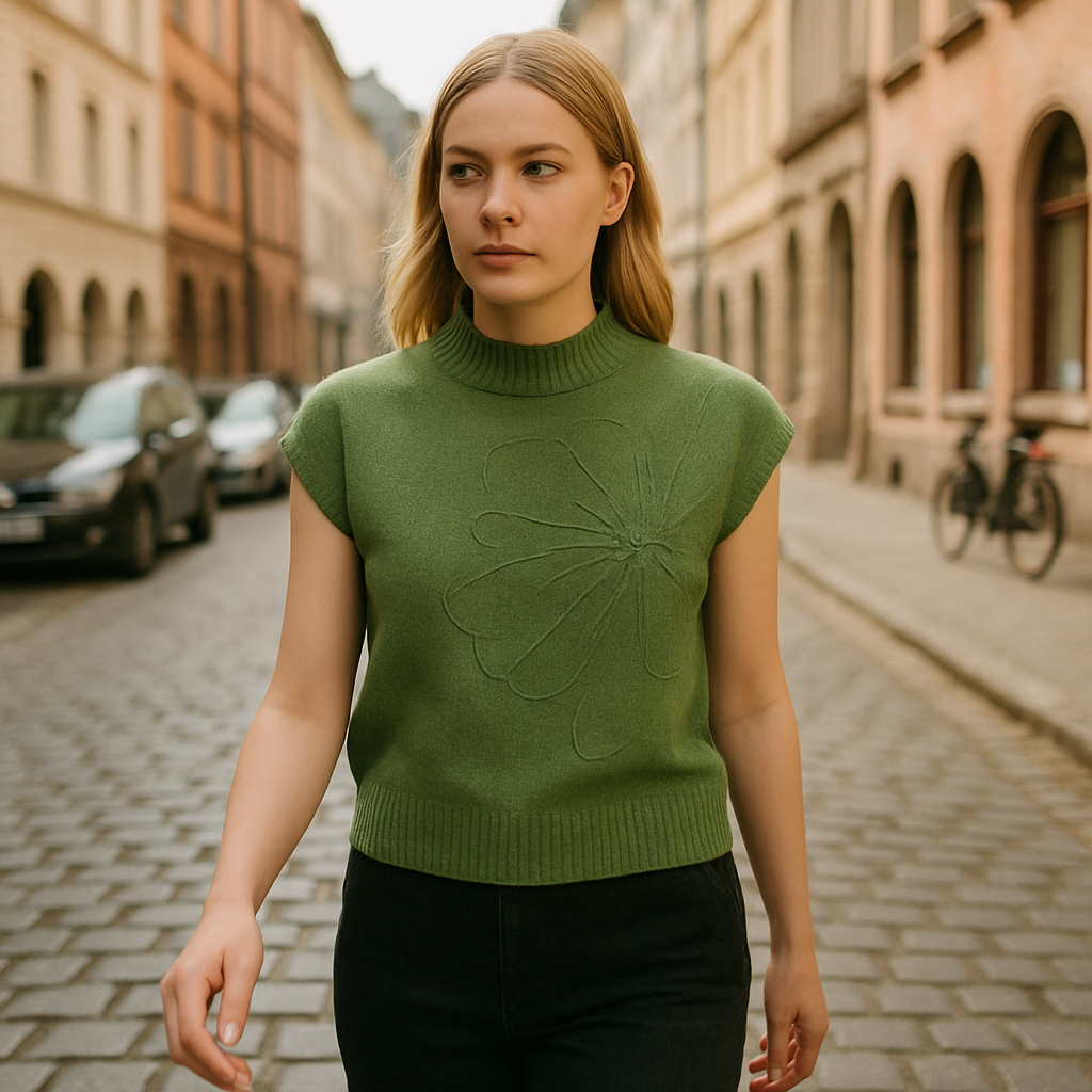 Top de punto sin mangas verde claro con diseño floral en relieve, combinado con pantalones blancos