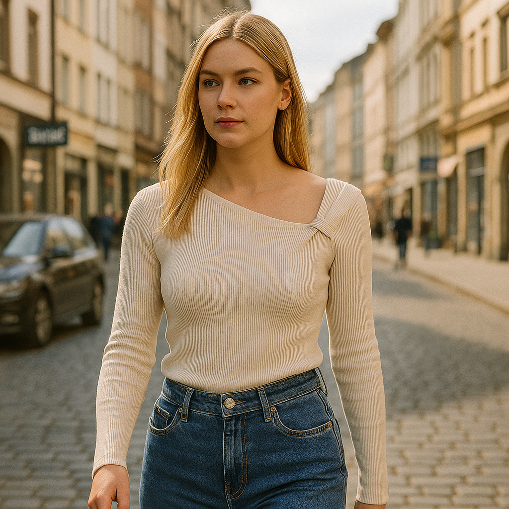 Top de punto acanalado color crema con escote asimétrico y silueta entallada, combinado con vaqueros