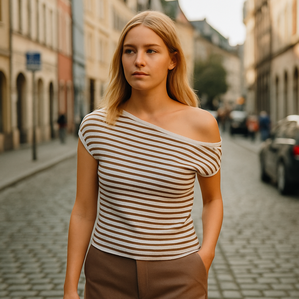 Top de rayas marrón y blanco sin mangas, con hombro descubierto y ajuste entallado, combinado con pantalones neutros