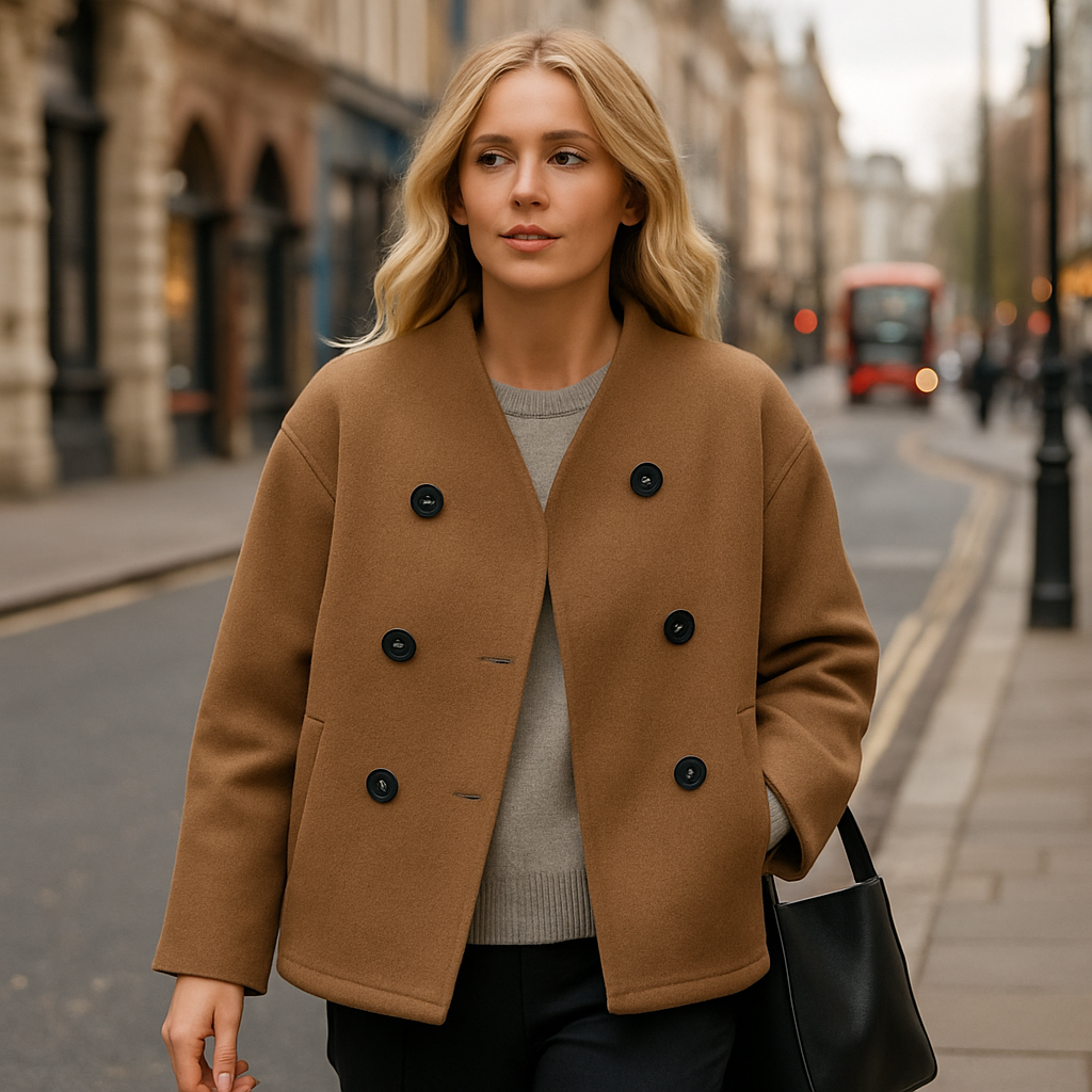 Chaqueta marinera de lana con cierre de doble botonadura, cuello de solapa ancha y silueta holgada hasta la cadera.