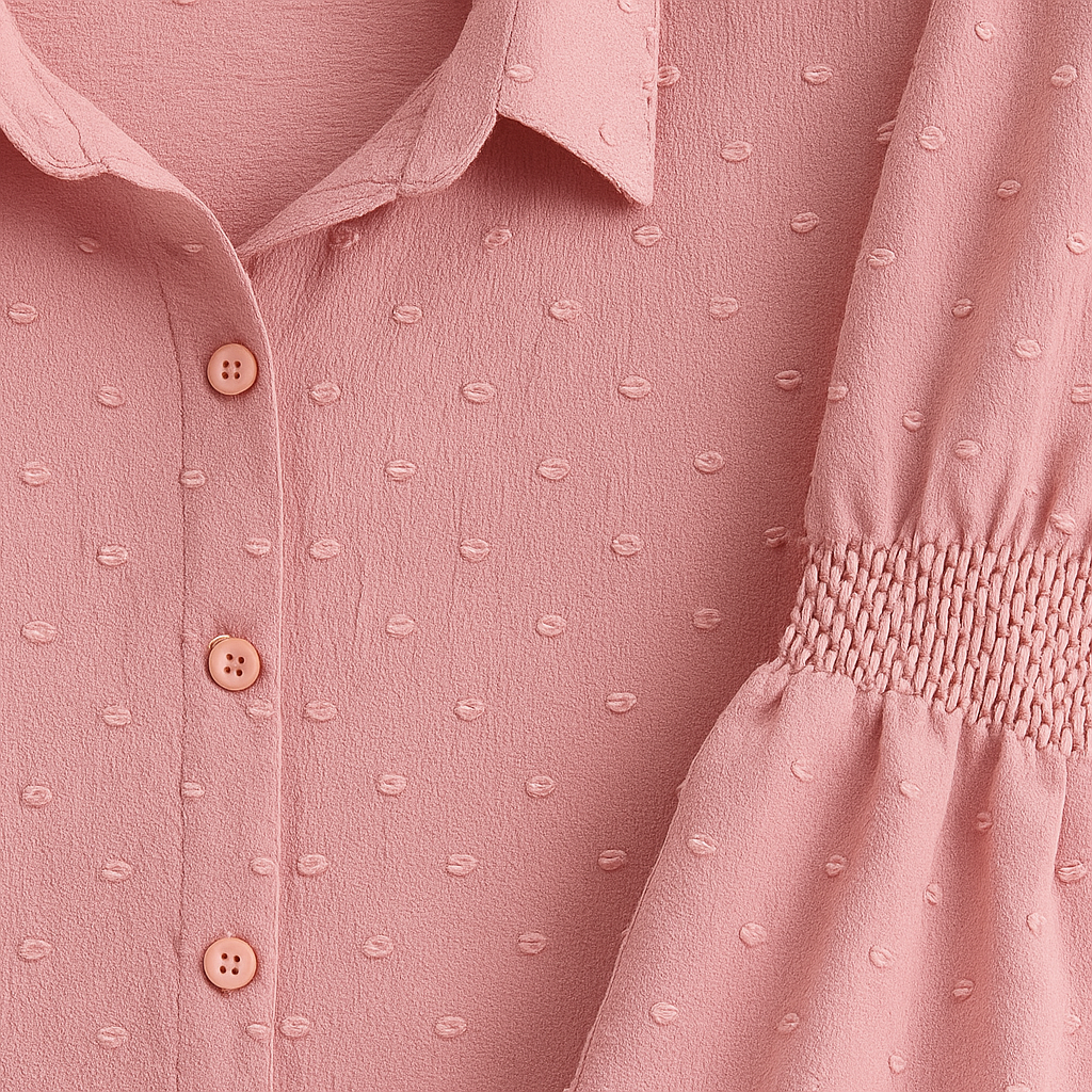 Blusa rosa claro texturizada con botonadura frontal y mangas largas abullonadas con puños fruncidos, combinada con pantalón blanco de talle alto