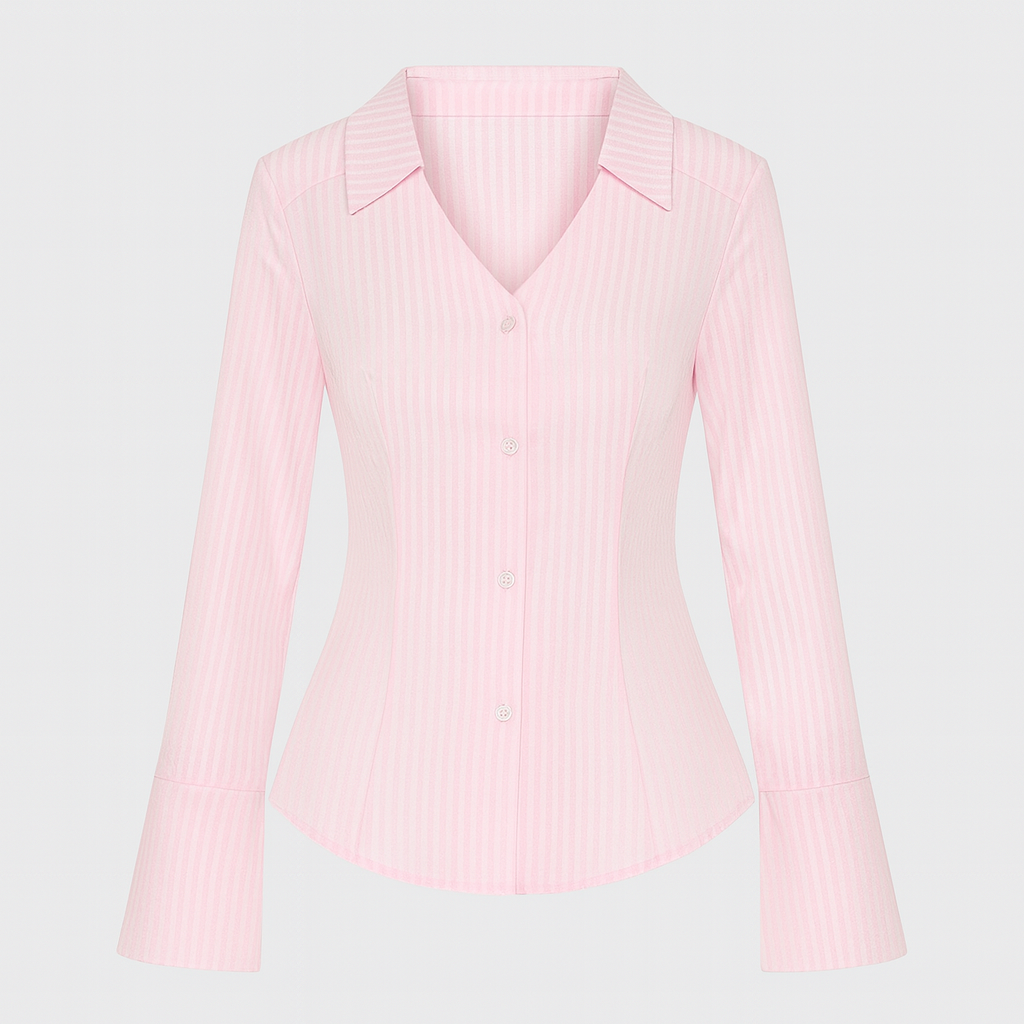Blusa rosa clara de rayas con botonadura completa, cuello en punta y puños acampanados, combinada con vaqueros