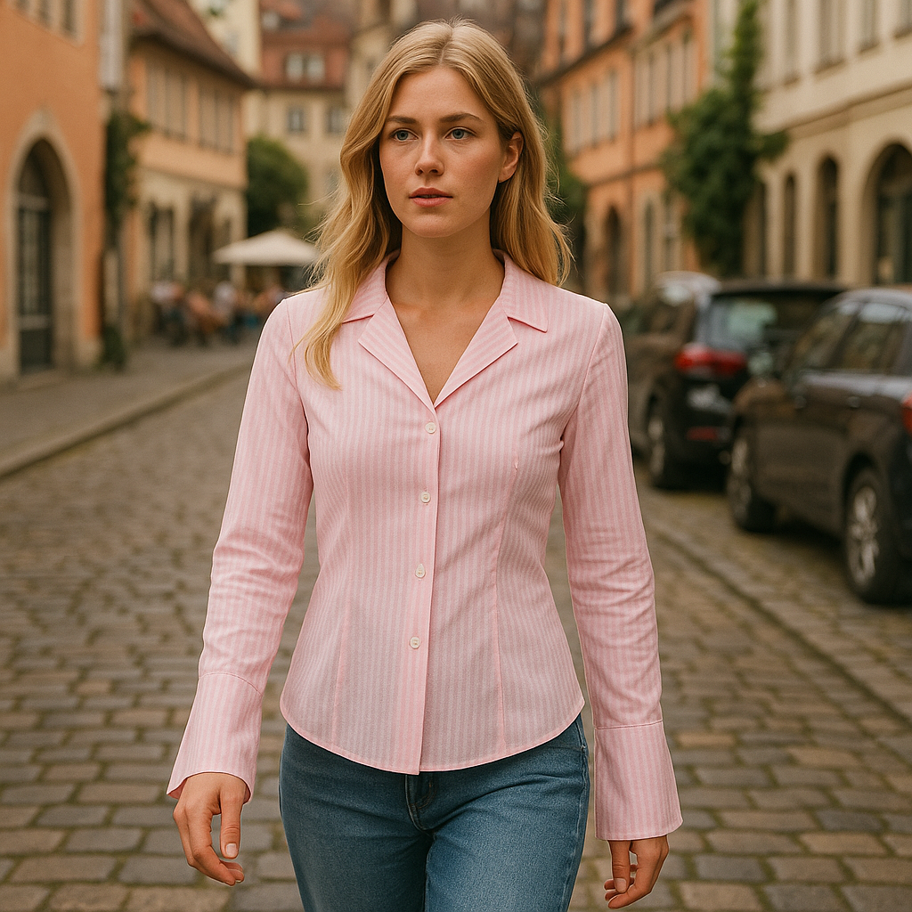 Blusa rosa clara de rayas con botonadura completa, cuello en punta y puños acampanados, combinada con vaqueros