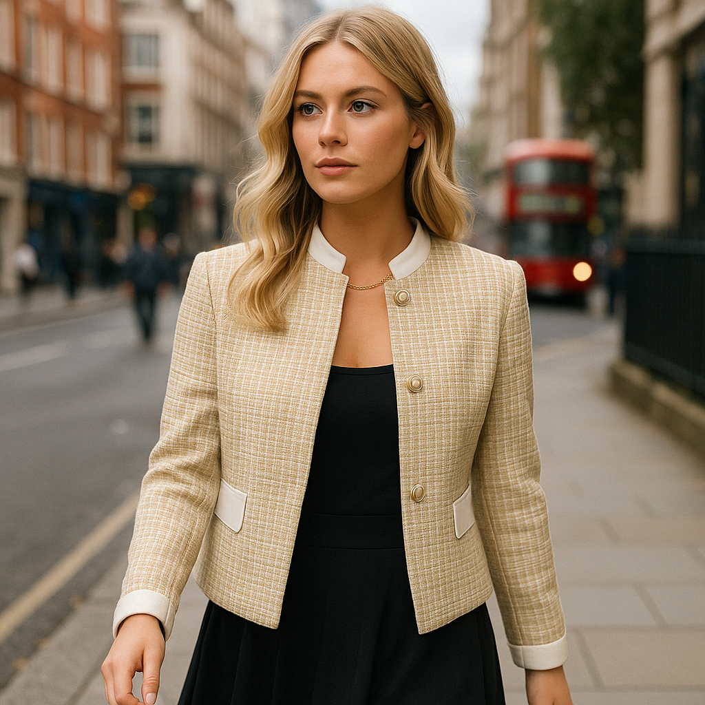 Chaqueta de tweed con cuello, puños y bolsillos en contraste blanco, con cierre frontal con botones.