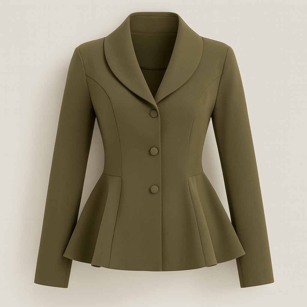 Blazer con peplum, solapas anchas, cierre frontal con botones y cintura ajustada con bajo acampanado.