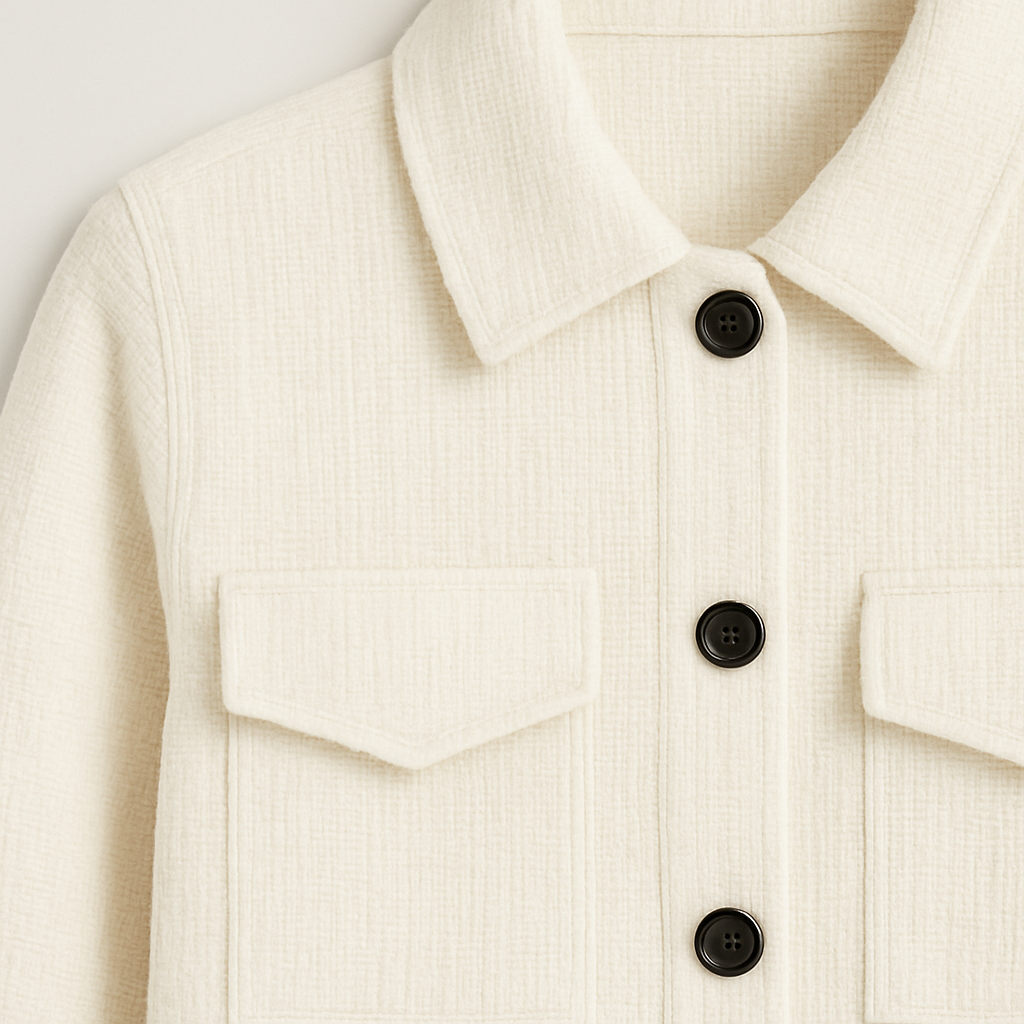 Chaqueta con textura, cierre con botones negros, cuello en punta y dos bolsillos con solapa en el pecho.