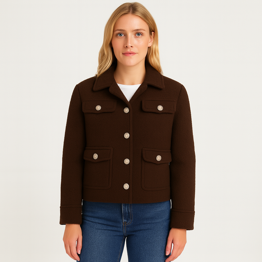 Chaqueta marrón con textura de peluche, botones decorativos estilo cristal, cuello con muesca y cuatro bolsillos con solapa.