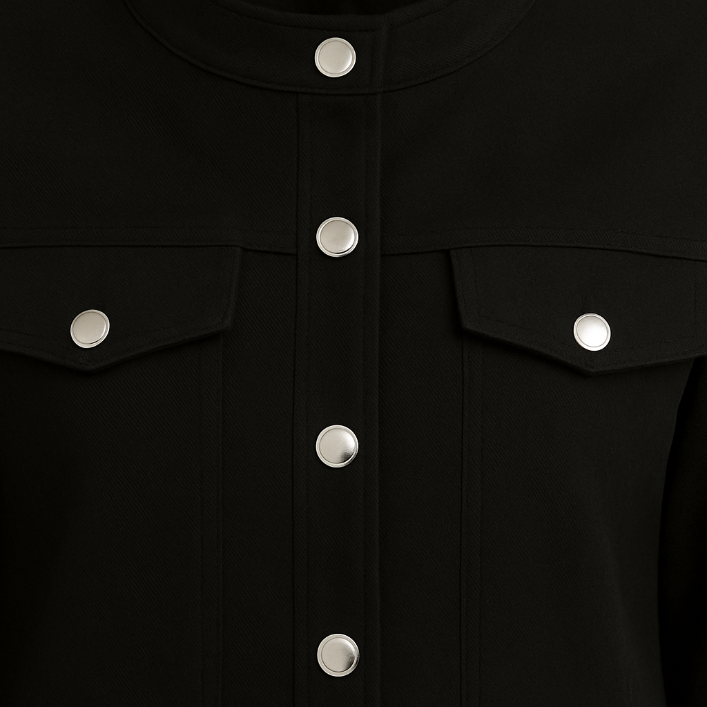 Chaqueta corta con botones plateados, cuello alto y bolsillos con solapa en el pecho.