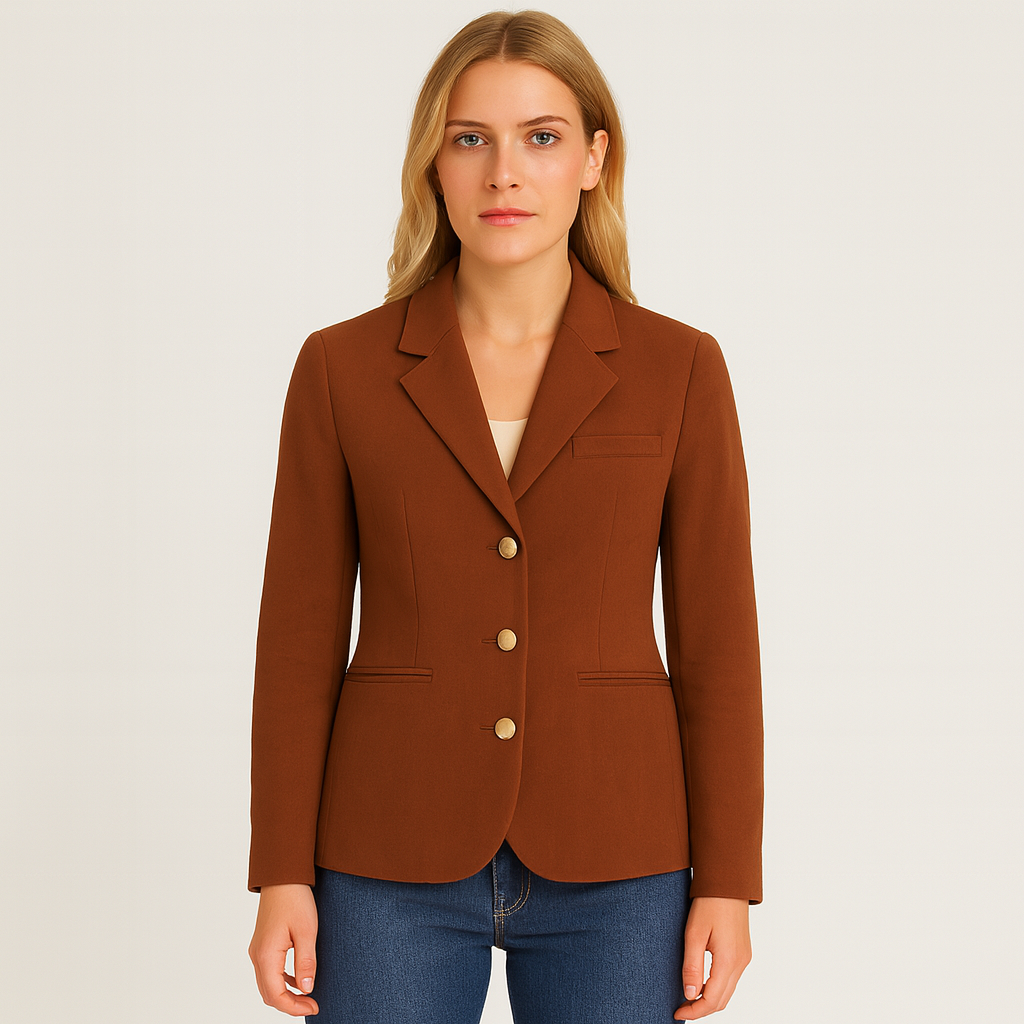 Blazer de terciopelo con solapa con muesca, botones decorativos dorados y bolsillos ribeteados.