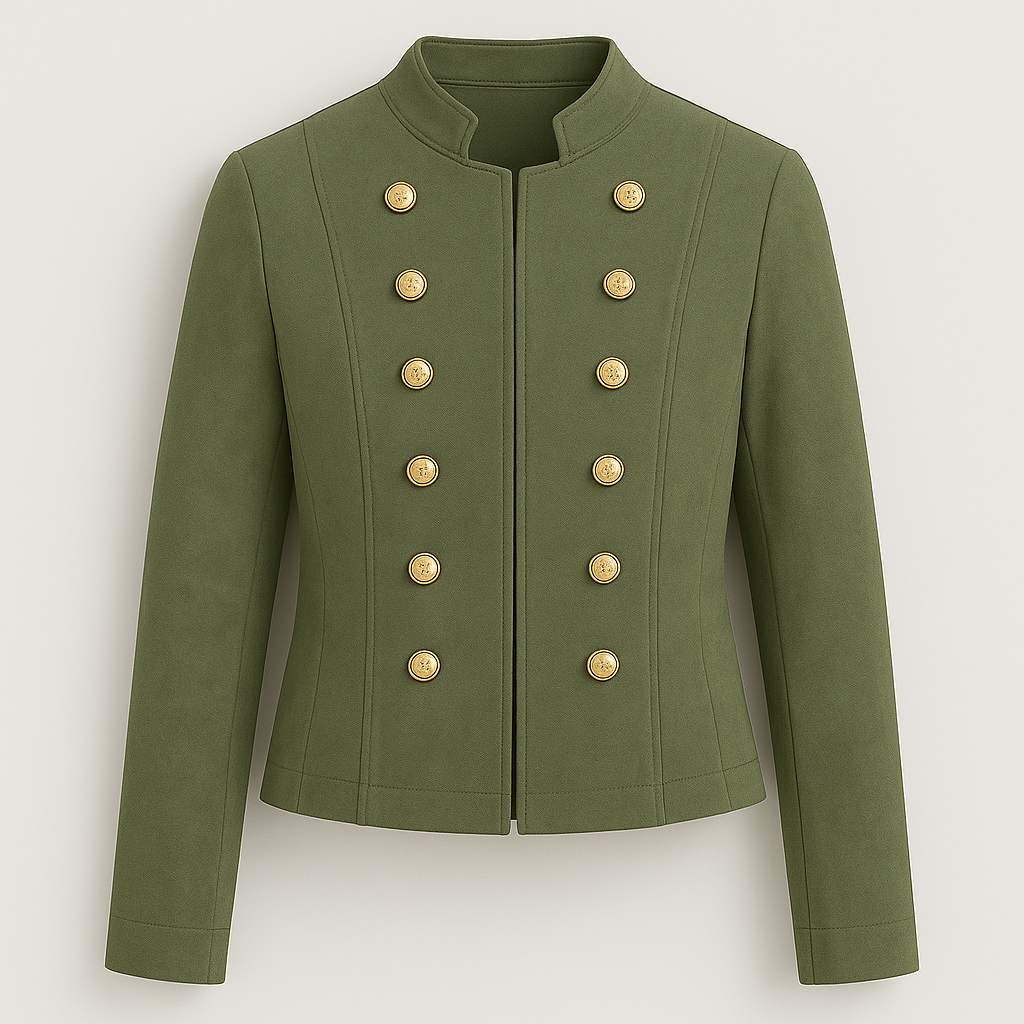 Chaqueta estructurada con hileras de botones dorados decorativos y cuello minimalista.