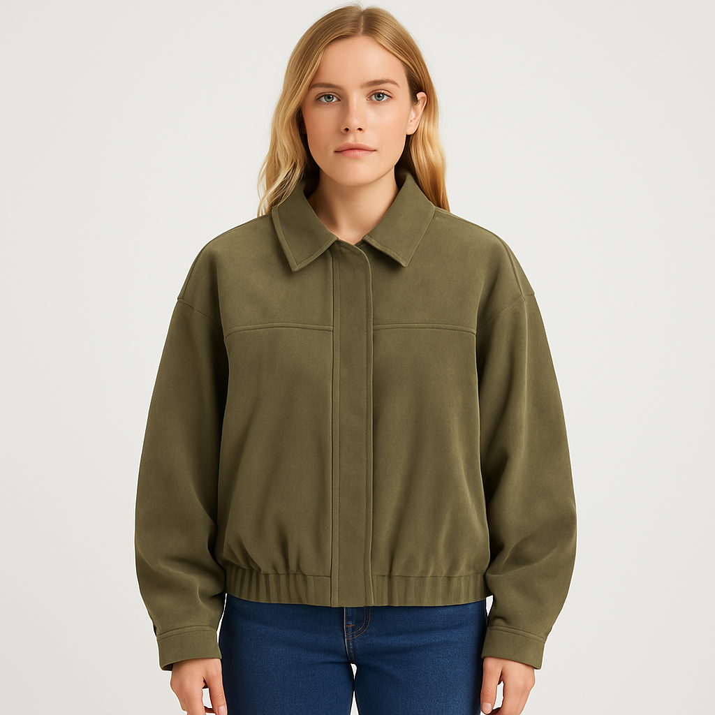 Chaqueta de ante sintético con mangas anchas, cremallera frontal y cuello en punta.