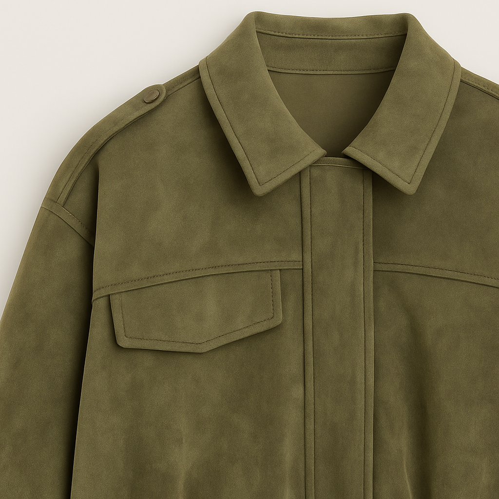 Chaqueta de ante sintético con mangas anchas, cremallera frontal y cuello en punta.