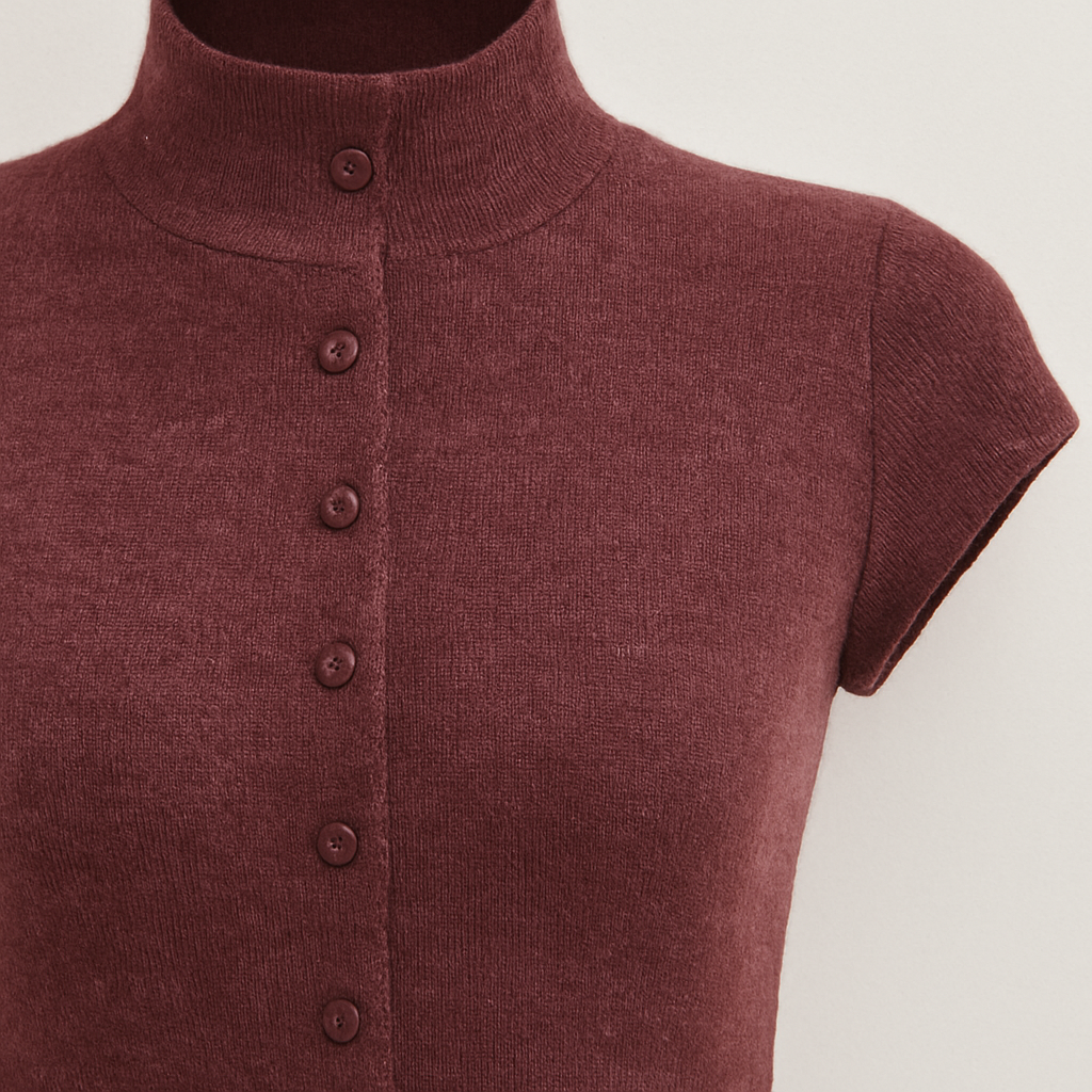 Top de punto burdeos de manga corta con cuello alto, botones en la parte delantera y corte entallado.