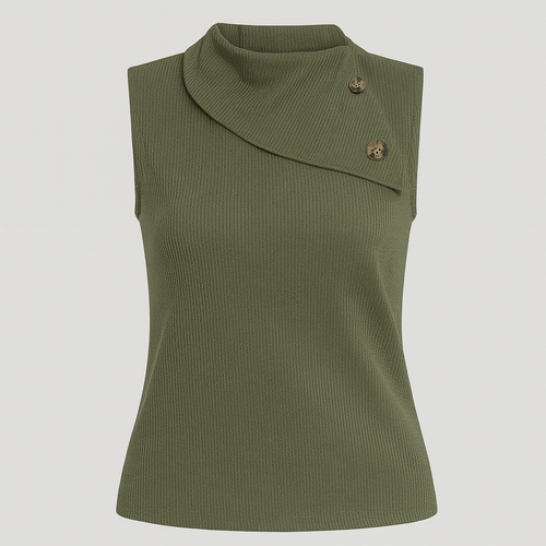 Top sin mangas color verde oliva con cuello asimétrico de botones y tejido texturizado, combinado con pantalones negros