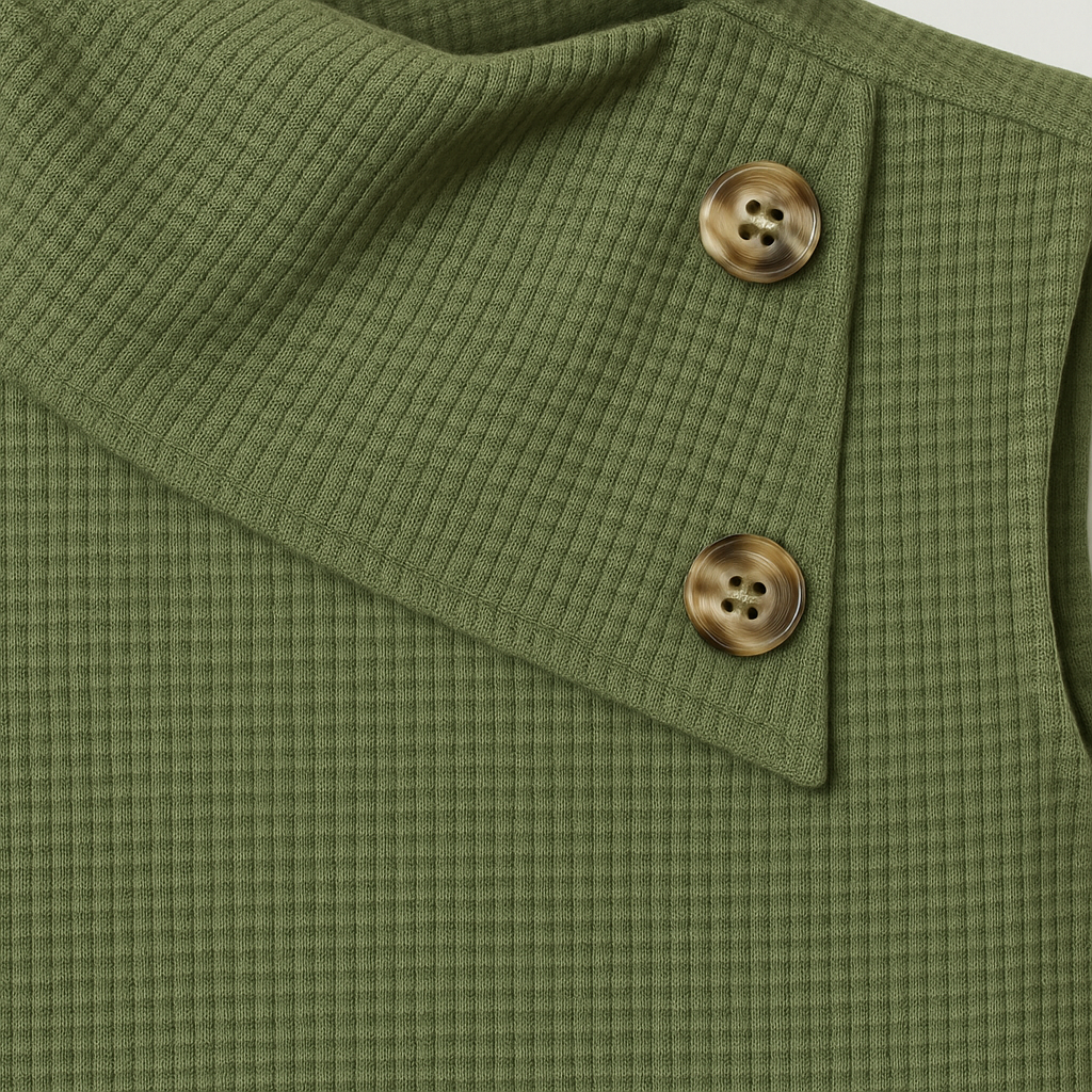 Top sin mangas color verde oliva con cuello asimétrico de botones y tejido texturizado, combinado con pantalones negros