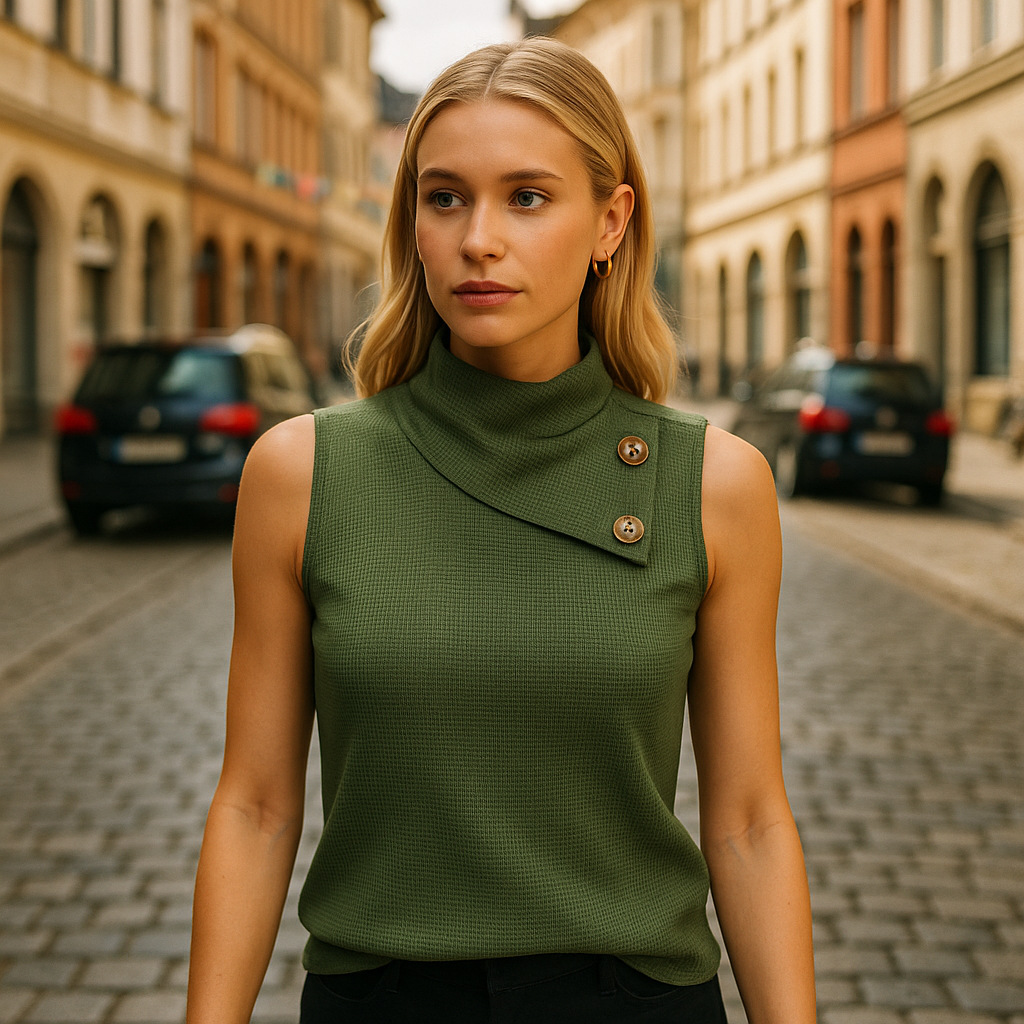 Top sin mangas color verde oliva con cuello asimétrico de botones y tejido texturizado, combinado con pantalones negros