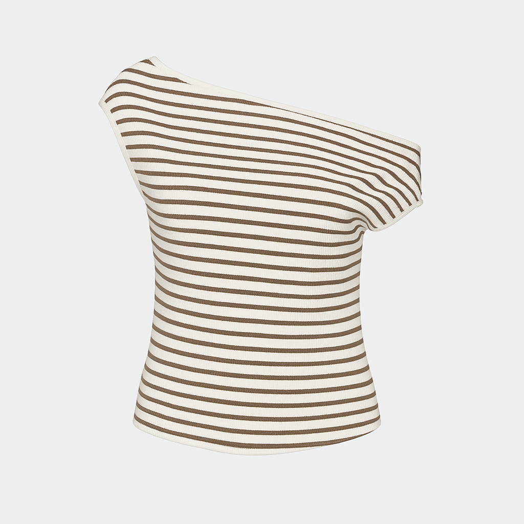 Top de rayas marrón y blanco sin mangas, con hombro descubierto y ajuste entallado, combinado con pantalones neutros