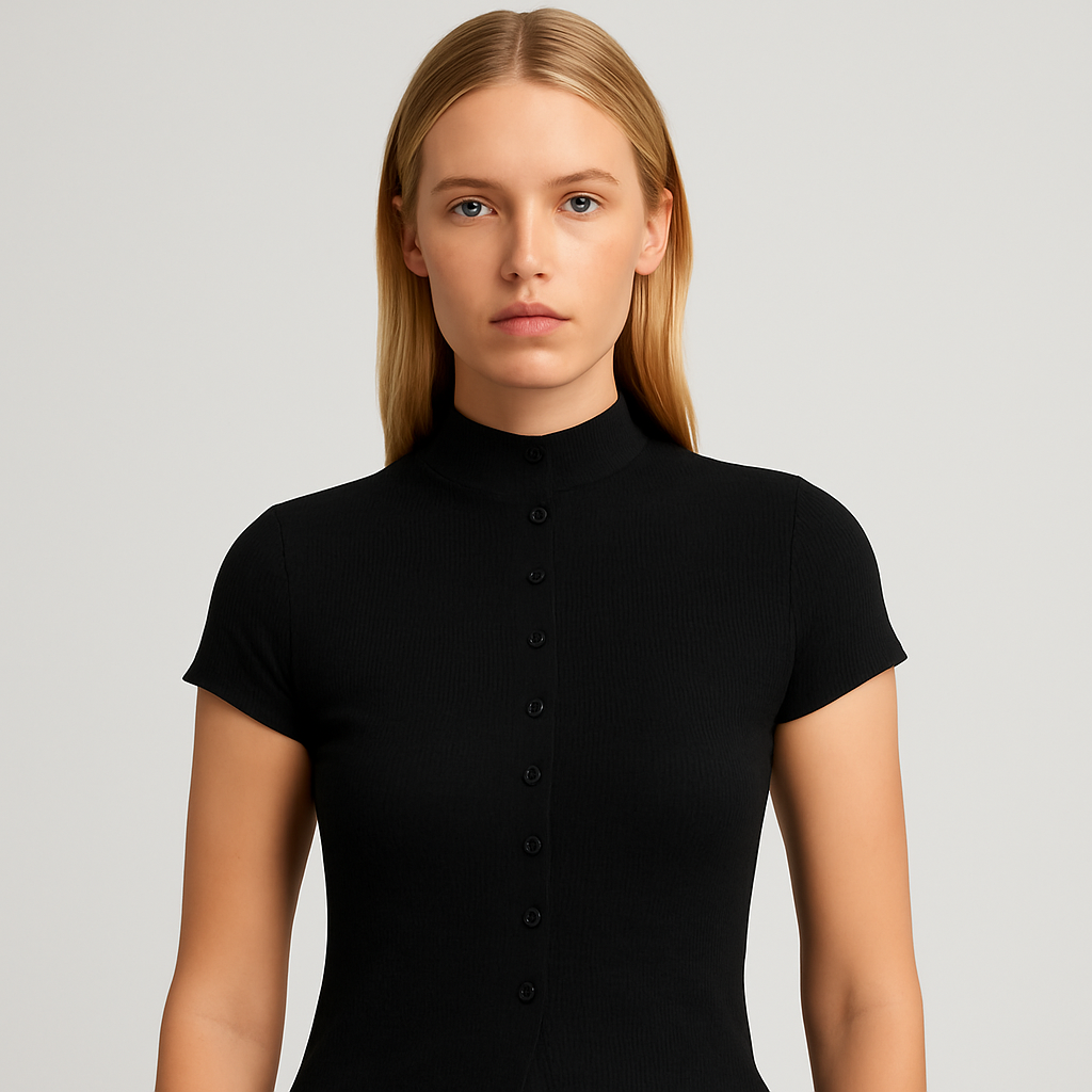 Top negro de punto acanalado con cuello alto, manga corta y botonadura completa al frente, combinado con pantalones de vestir