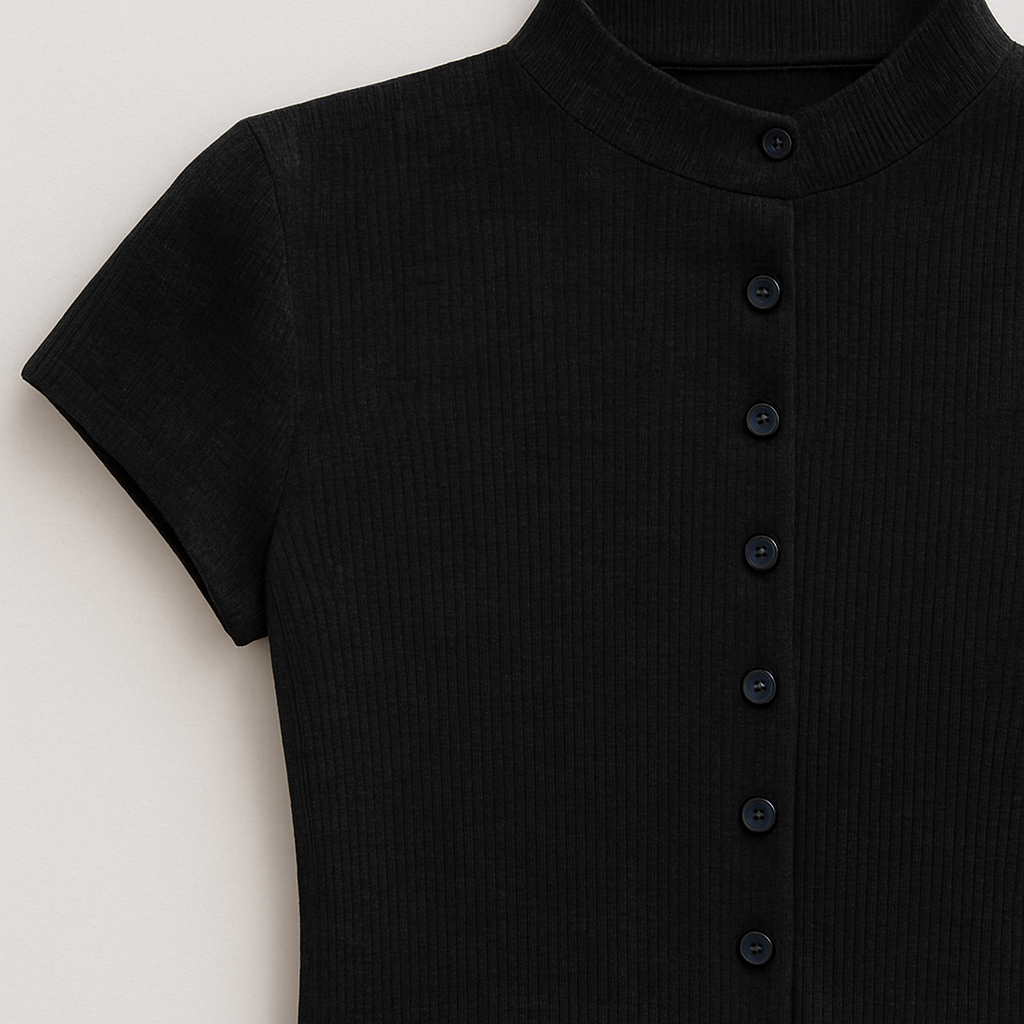 Top negro de punto acanalado con cuello alto, manga corta y botonadura completa al frente, combinado con pantalones de vestir