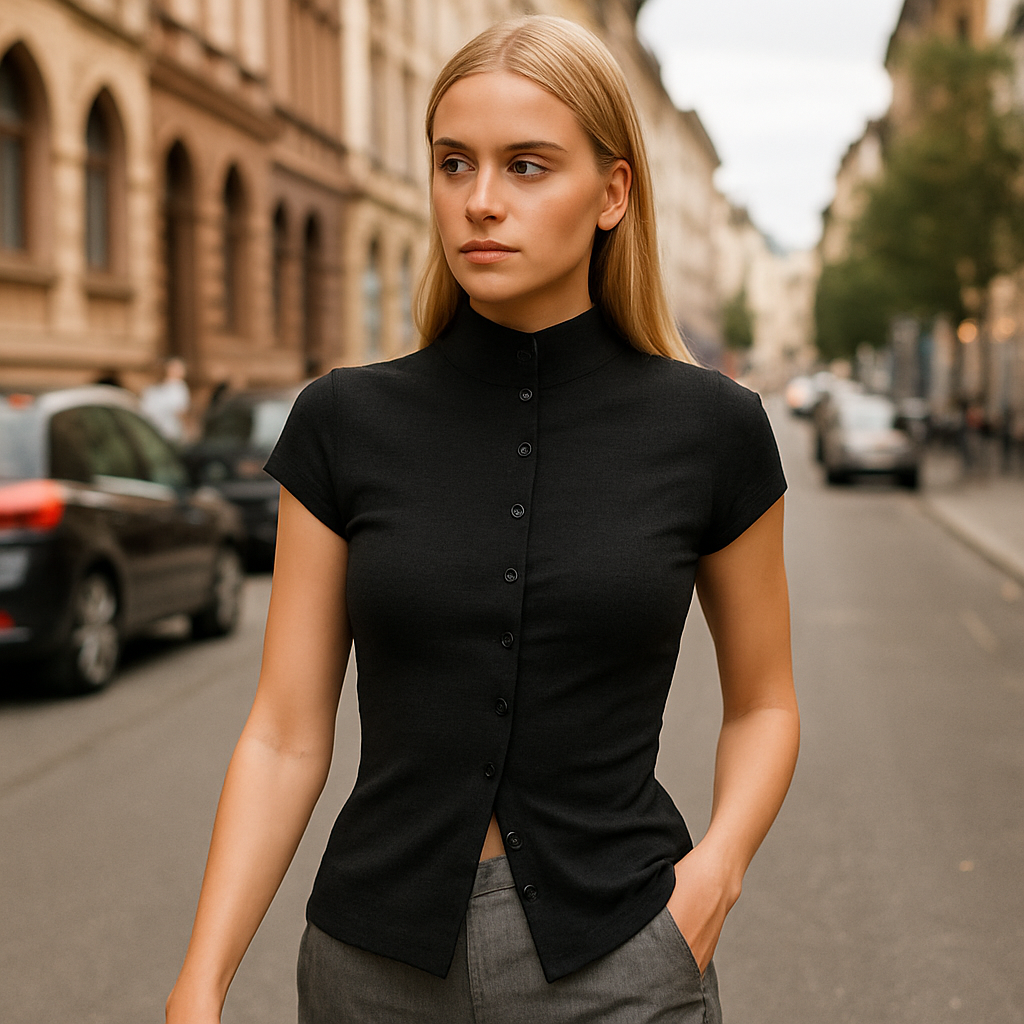 Top negro de punto acanalado con cuello alto, manga corta y botonadura completa al frente, combinado con pantalones de vestir