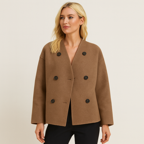 Chaqueta marinera de lana con cierre de doble botonadura, cuello de solapa ancha y silueta holgada hasta la cadera.