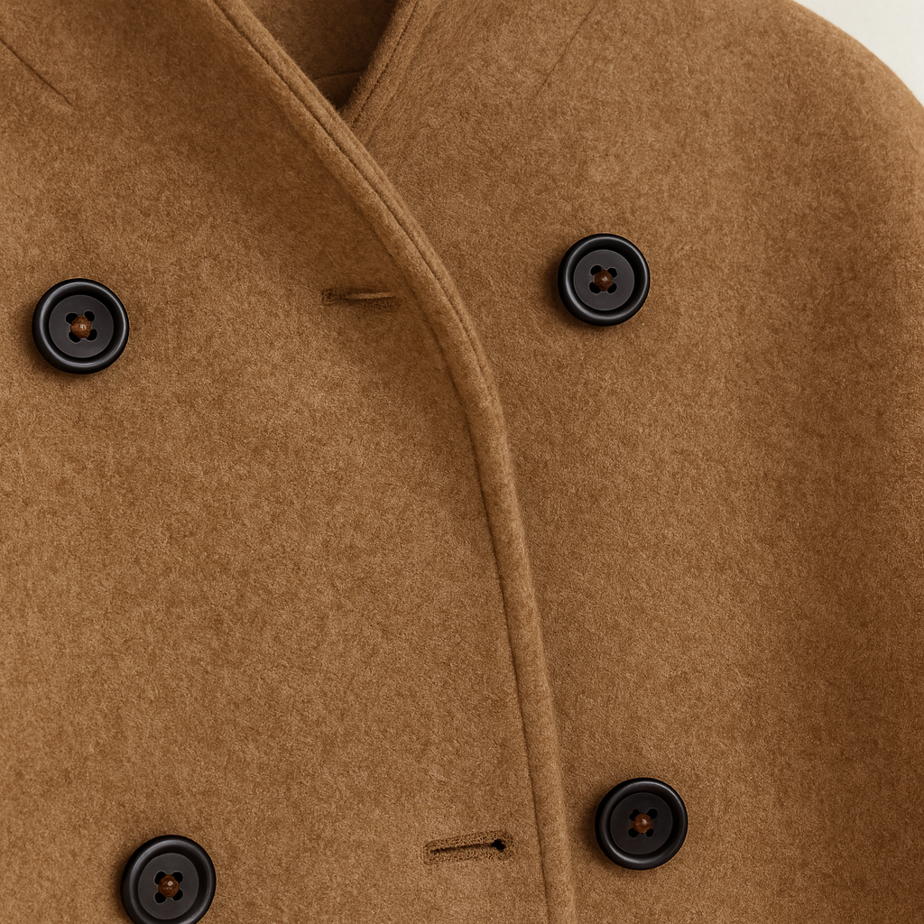 Chaqueta marinera de lana con cierre de doble botonadura, cuello de solapa ancha y silueta holgada hasta la cadera.