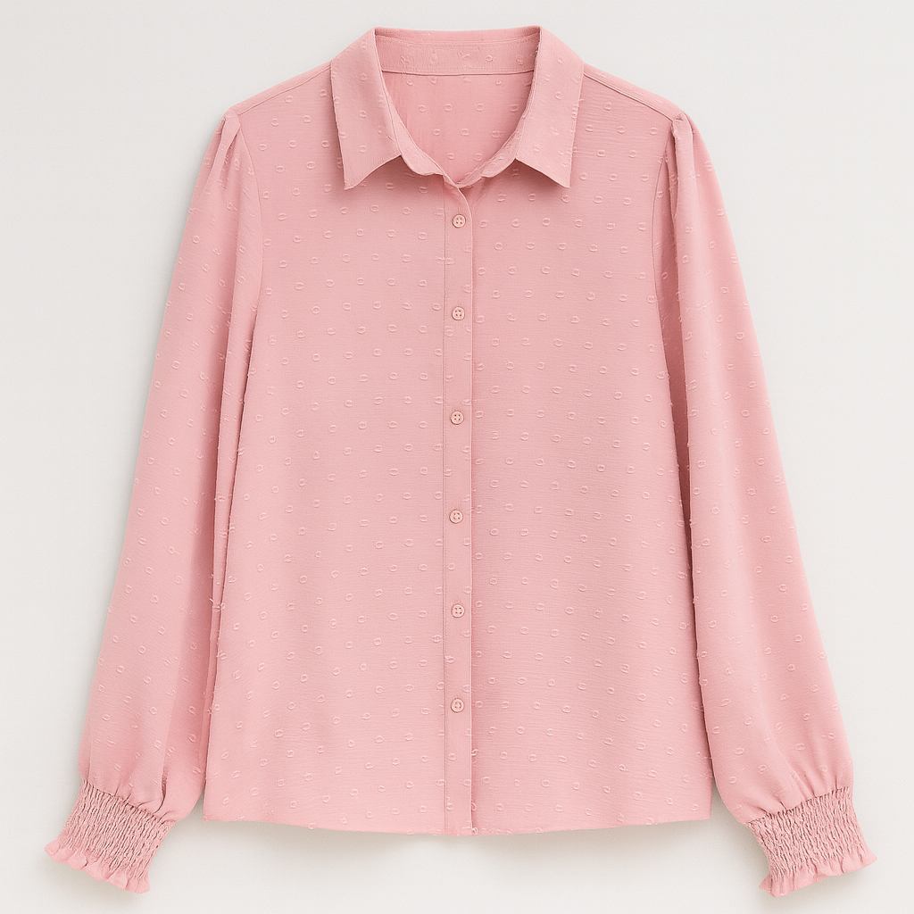 Blusa rosa claro texturizada con botonadura frontal y mangas largas abullonadas con puños fruncidos, combinada con pantalón blanco de talle alto