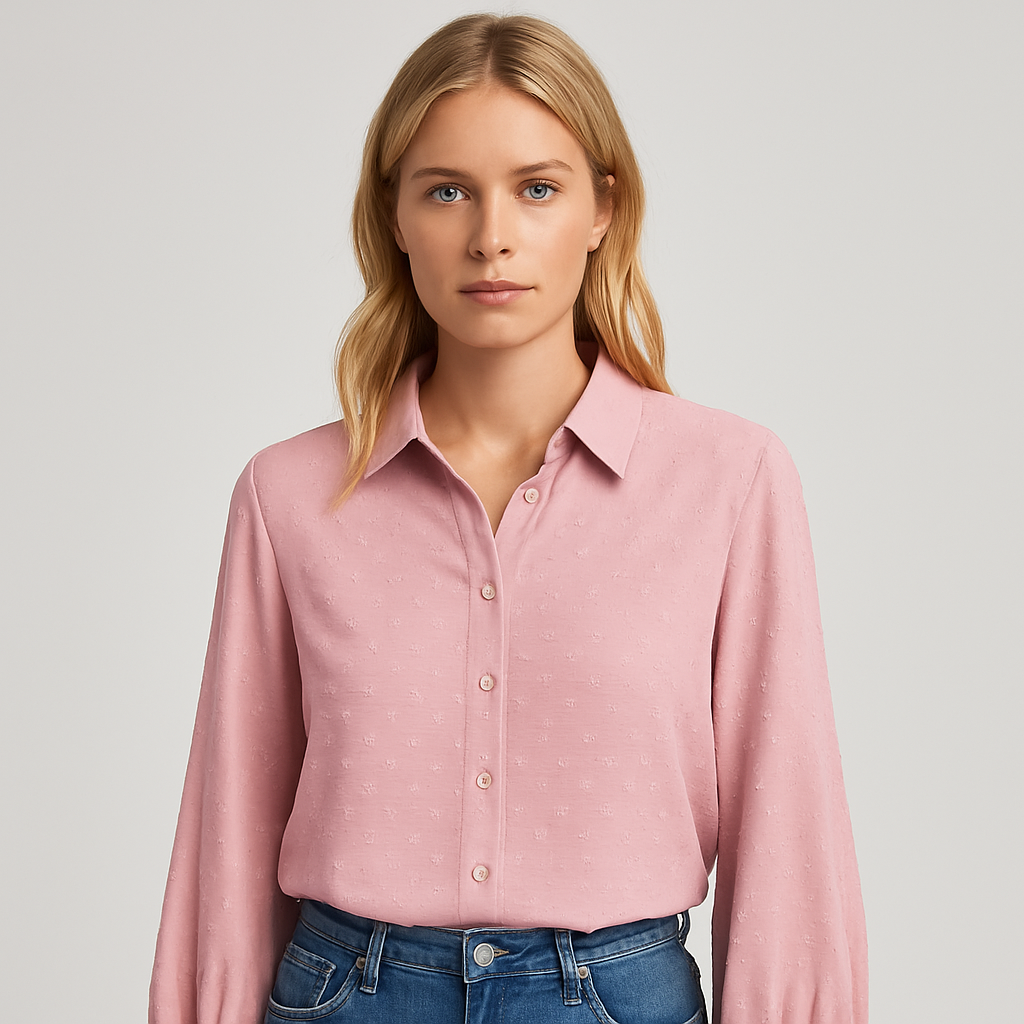 Blusa rosa claro texturizada con botonadura frontal y mangas largas abullonadas con puños fruncidos, combinada con pantalón blanco de talle alto