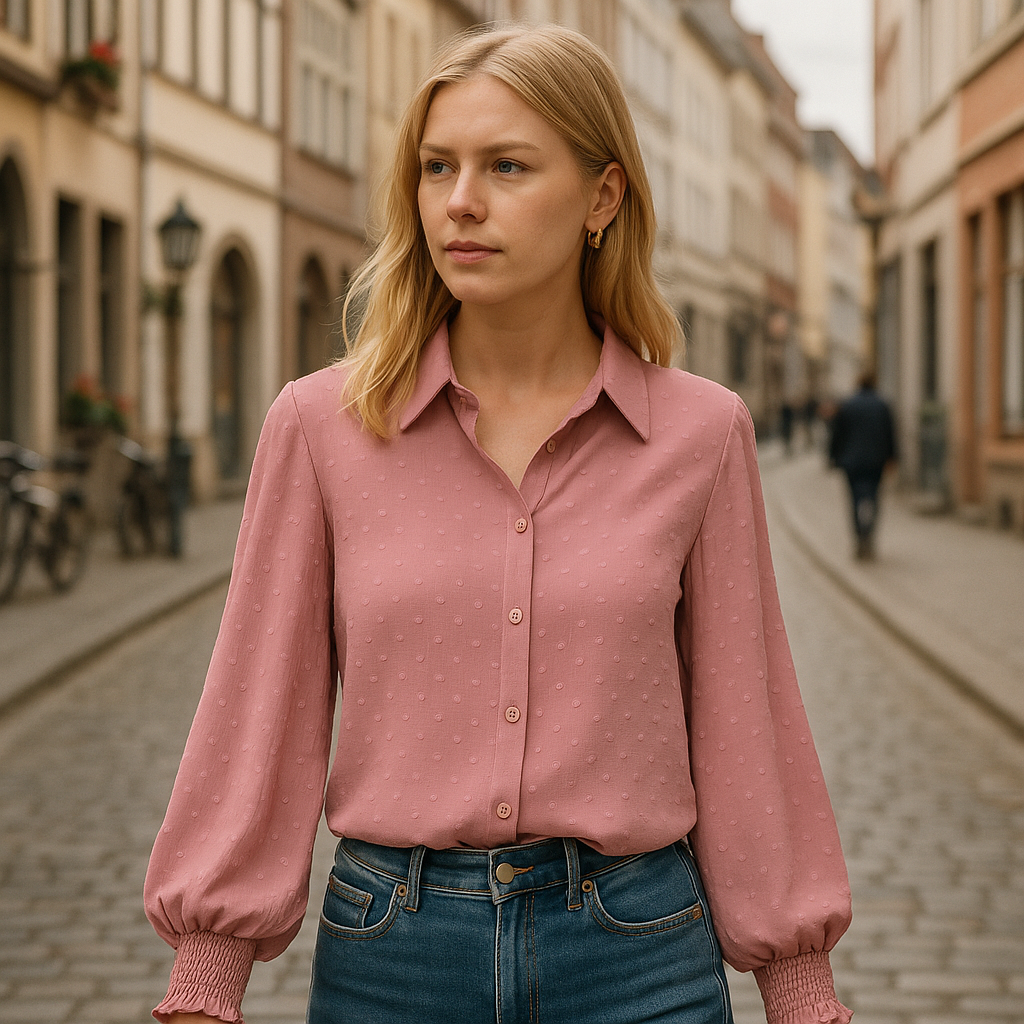 Blusa rosa claro texturizada con botonadura frontal y mangas largas abullonadas con puños fruncidos, combinada con pantalón blanco de talle alto