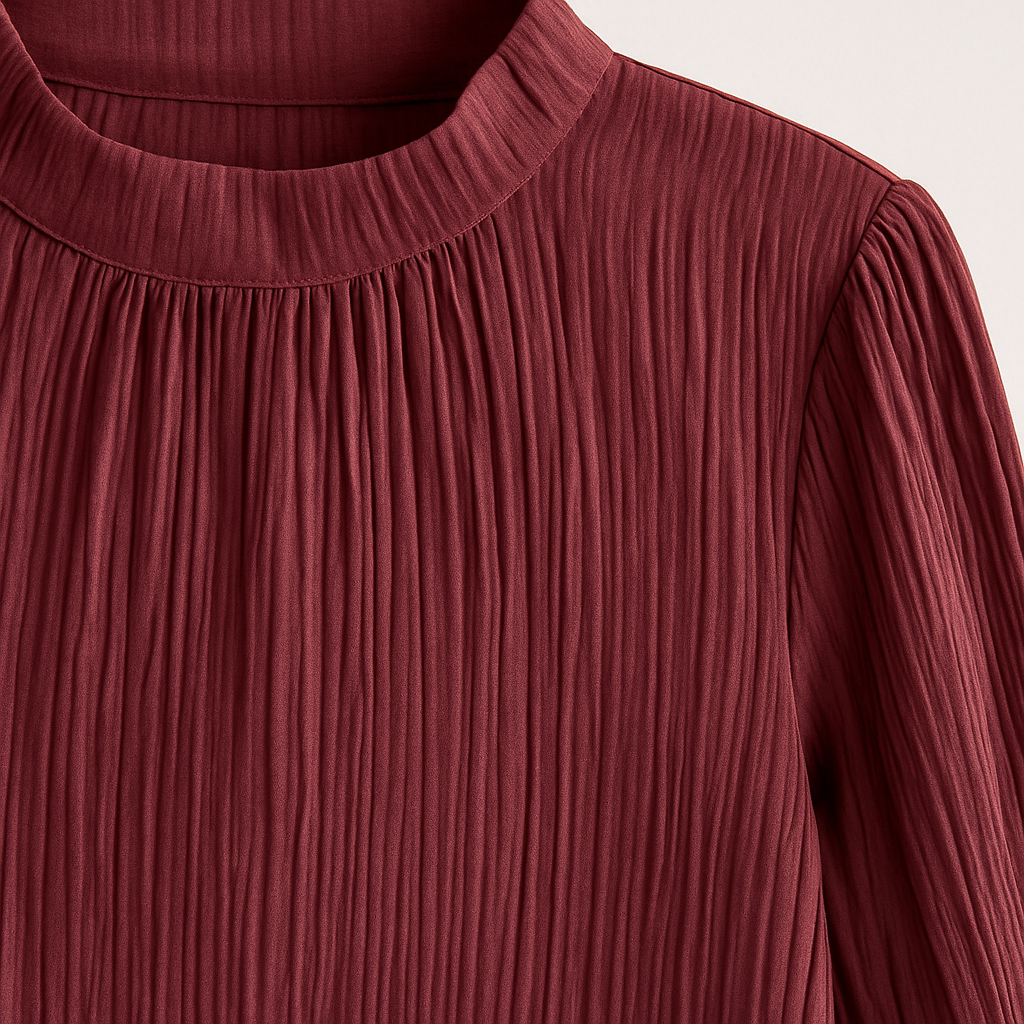 Burgundy pleated blouse with a high gathered neckline and long bishop sleeves, paired with jeans and a white quilted bag.