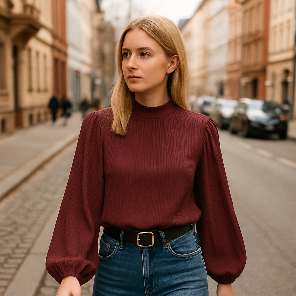 Burgundy pleated blouse with a high gathered neckline and long bishop sleeves, paired with jeans and a white quilted bag.