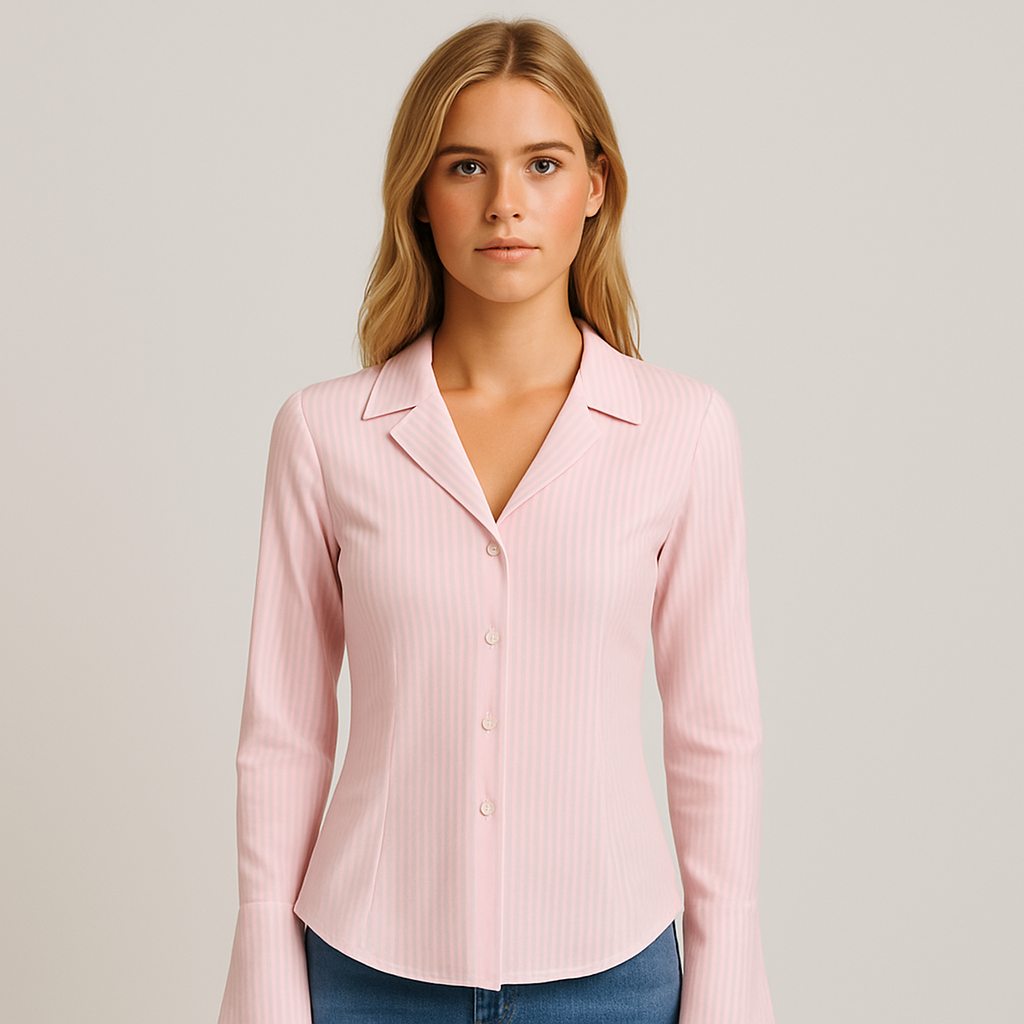 Blusa rosa clara de rayas con botonadura completa, cuello en punta y puños acampanados, combinada con vaqueros