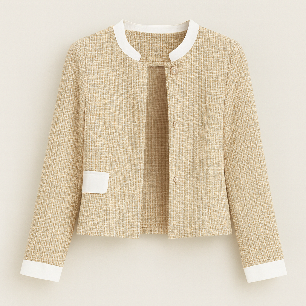 Chaqueta de tweed con cuello, puños y bolsillos en contraste blanco, con cierre frontal con botones.