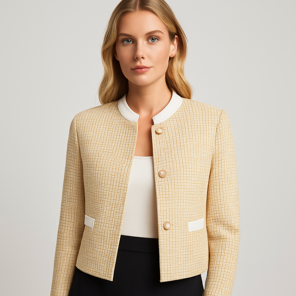 Chaqueta de tweed con cuello, puños y bolsillos en contraste blanco, con cierre frontal con botones.