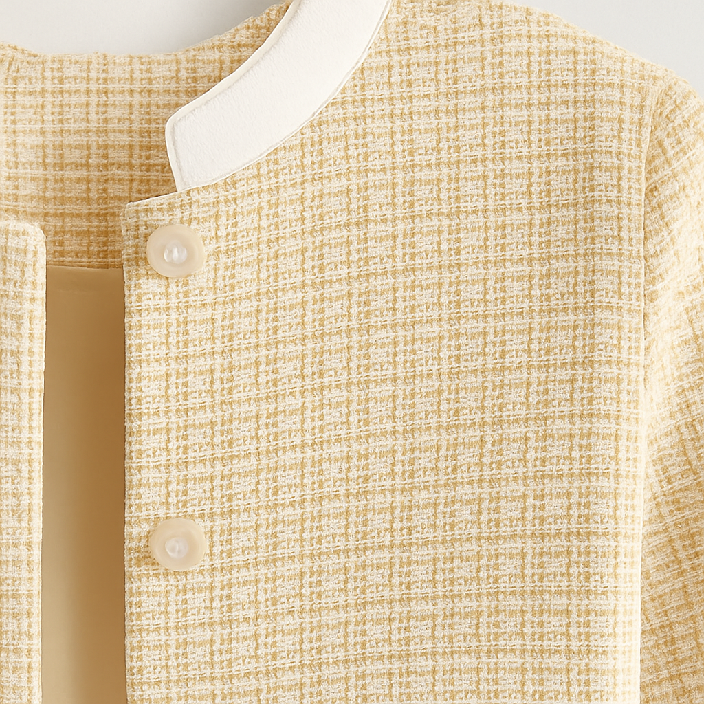 Chaqueta de tweed con cuello, puños y bolsillos en contraste blanco, con cierre frontal con botones.