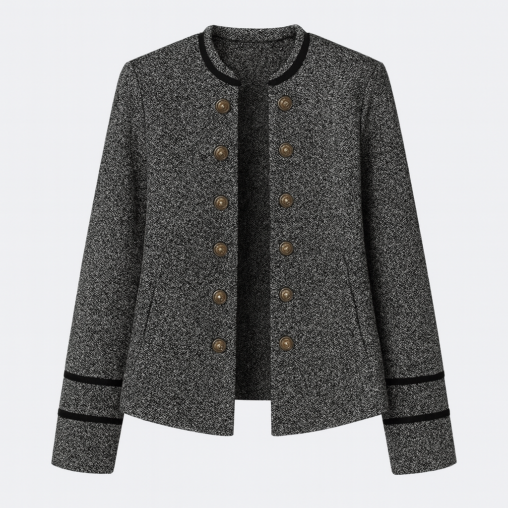 Chaqueta tejida con botones decorativos, cuello redondo y mangas largas con detalles de ribete.