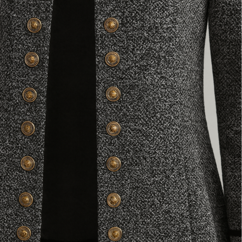 Chaqueta tejida con botones decorativos, cuello redondo y mangas largas con detalles de ribete.