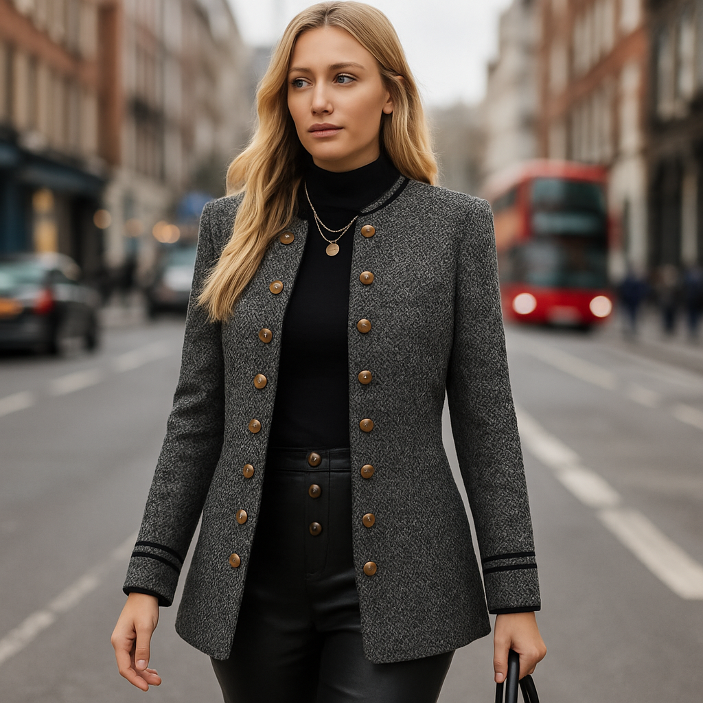 Chaqueta tejida con botones decorativos, cuello redondo y mangas largas con detalles de ribete.