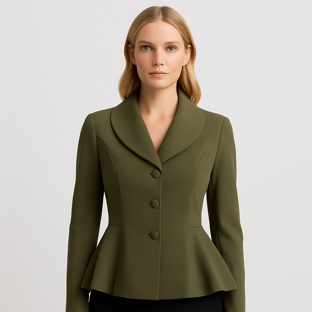 Blazer con peplum, solapas anchas, cierre frontal con botones y cintura ajustada con bajo acampanado.