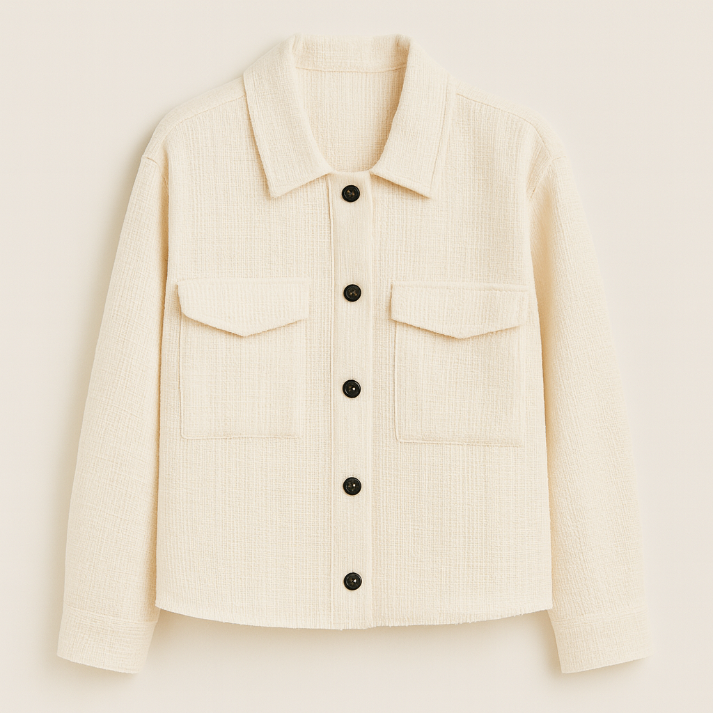 Chaqueta con textura, cierre con botones negros, cuello en punta y dos bolsillos con solapa en el pecho.