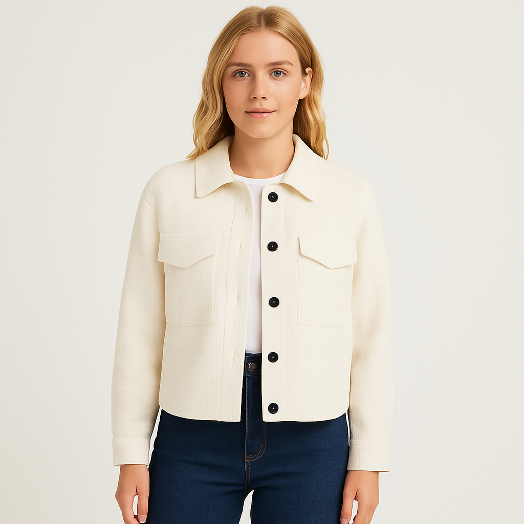 Chaqueta con textura, cierre con botones negros, cuello en punta y dos bolsillos con solapa en el pecho.