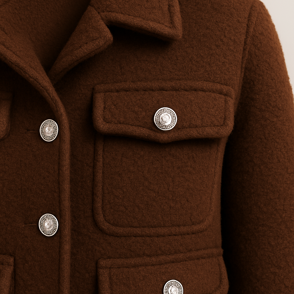 Chaqueta marrón con textura de peluche, botones decorativos estilo cristal, cuello con muesca y cuatro bolsillos con solapa.