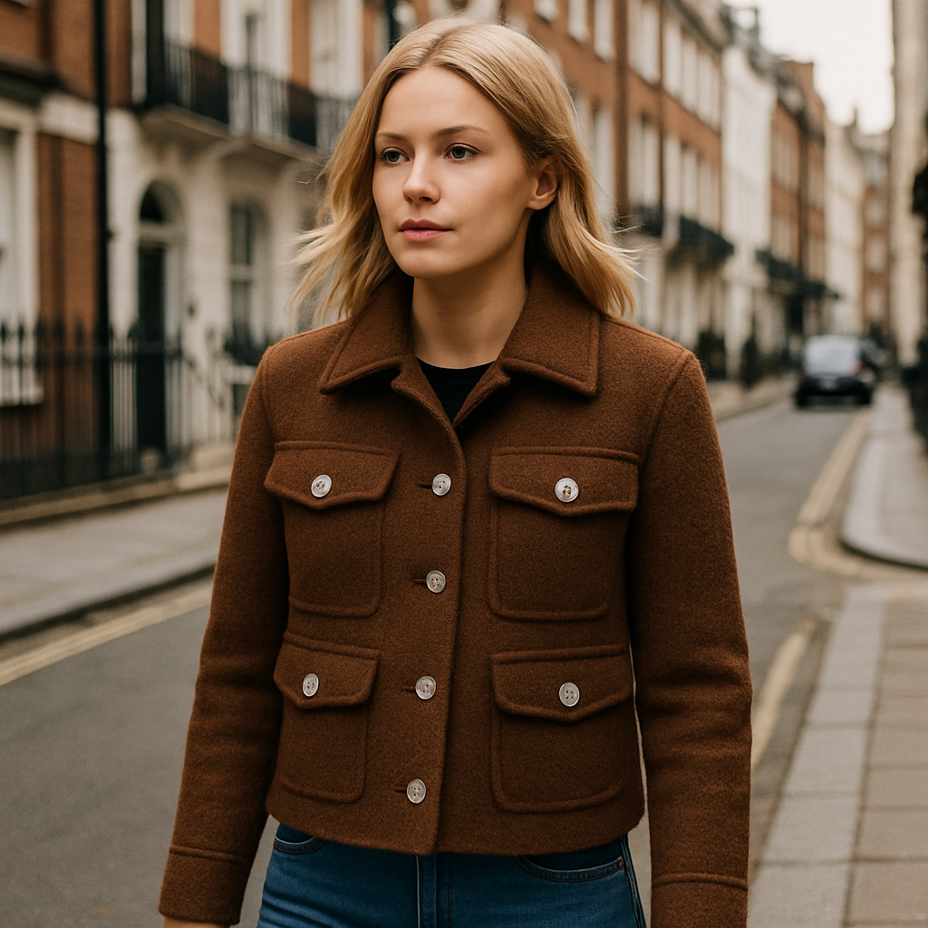 Chaqueta marrón con textura de peluche, botones decorativos estilo cristal, cuello con muesca y cuatro bolsillos con solapa.