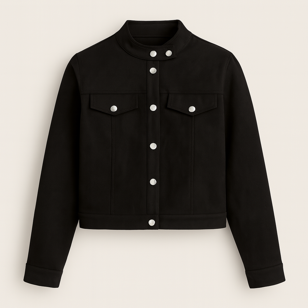 Chaqueta corta con botones plateados, cuello alto y bolsillos con solapa en el pecho.