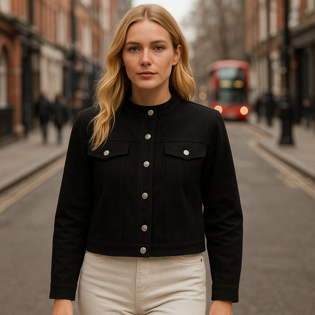 Chaqueta corta con botones plateados, cuello alto y bolsillos con solapa en el pecho.