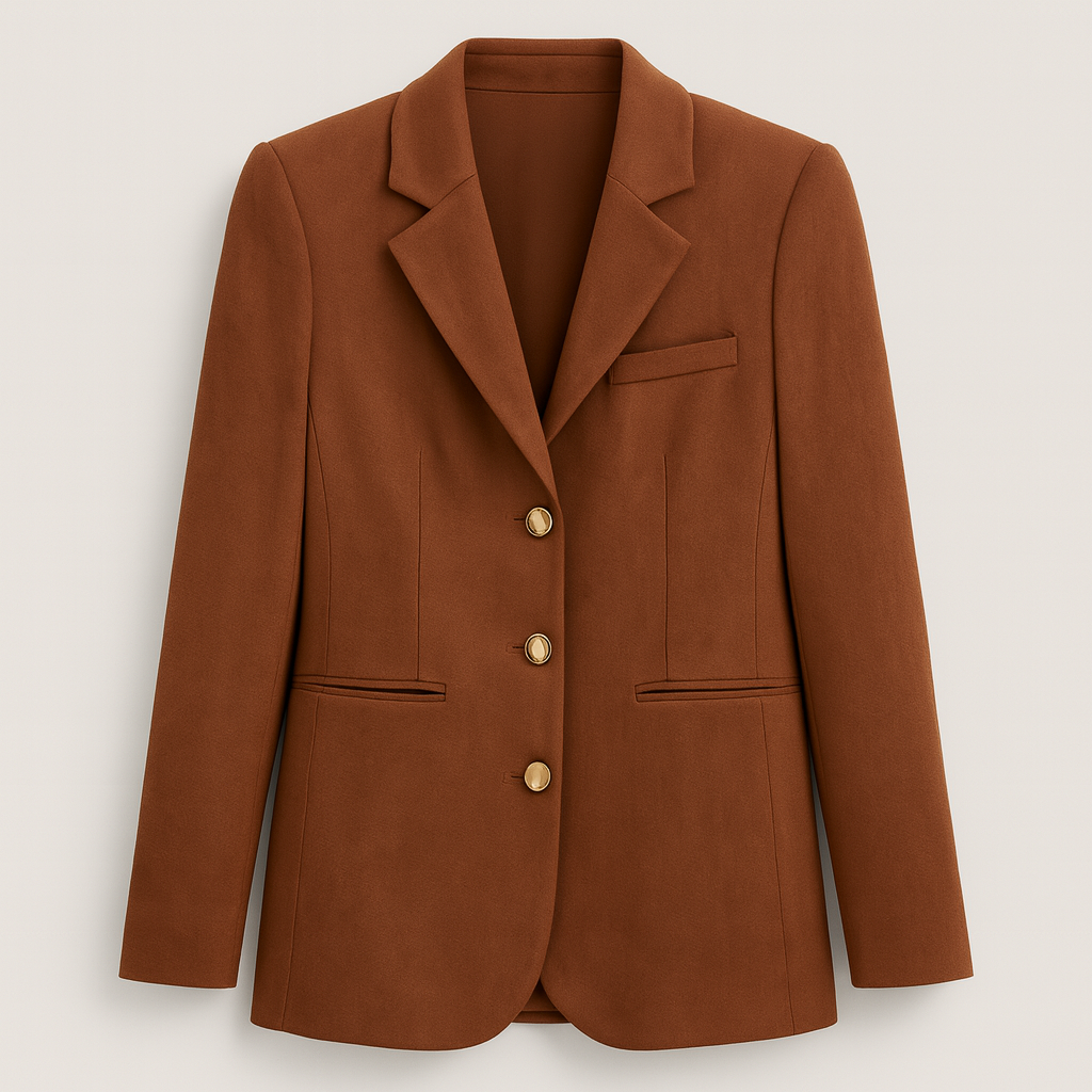 Blazer de terciopelo con solapa con muesca, botones decorativos dorados y bolsillos ribeteados.