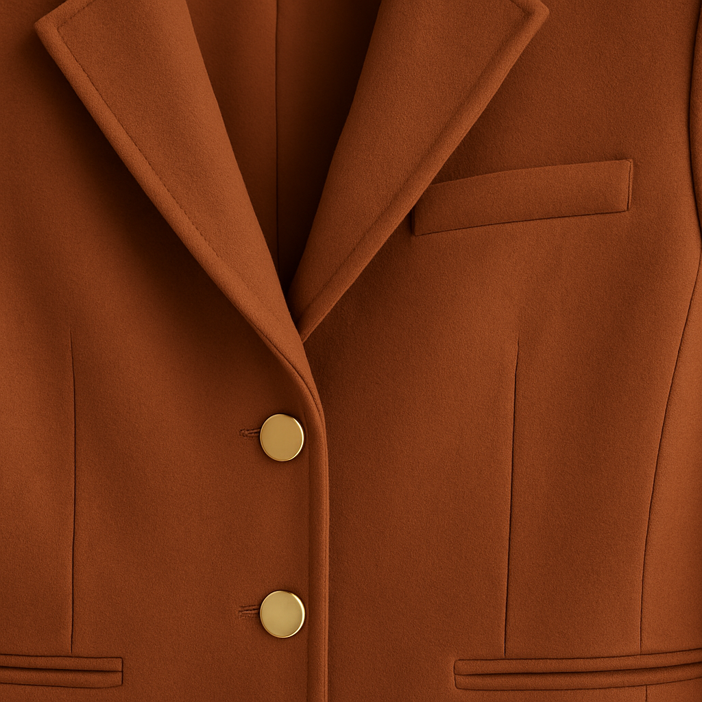 Blazer de terciopelo con solapa con muesca, botones decorativos dorados y bolsillos ribeteados.