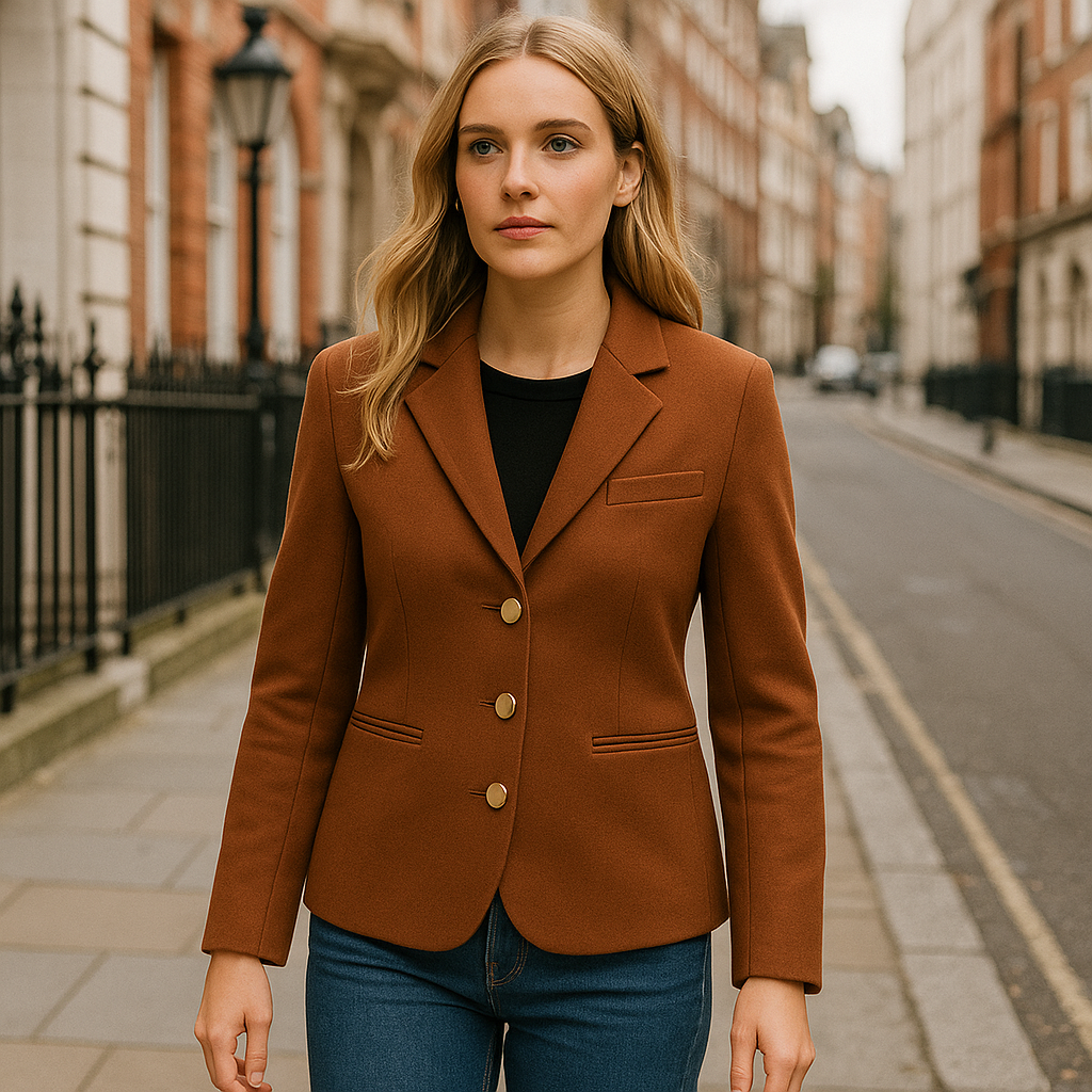 Blazer de terciopelo con solapa con muesca, botones decorativos dorados y bolsillos ribeteados.