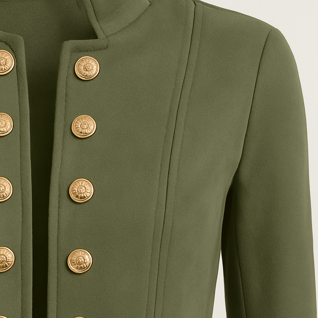 Chaqueta estructurada con hileras de botones dorados decorativos y cuello minimalista.