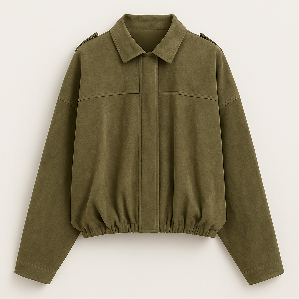 Chaqueta de ante sintético con mangas anchas, cremallera frontal y cuello en punta.